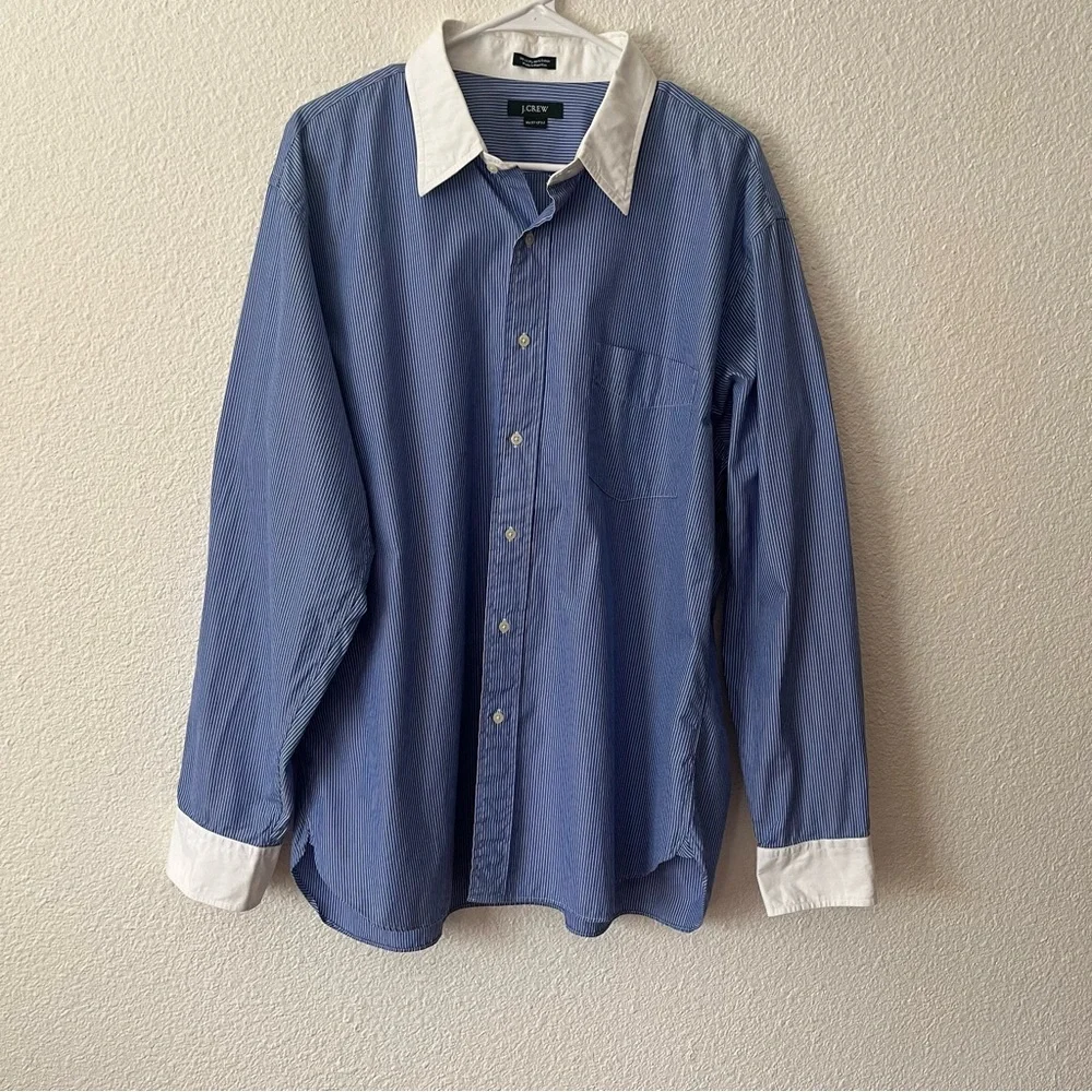 J.Crew Men's XL Blue White Stripe Contrast Collar Cuffs Dress Shirt Button Up